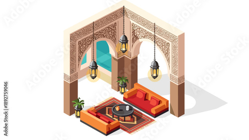 Moroccan-themed isometric lounge with arches and lanterns
