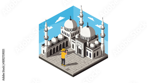 Stunning isometric mosque with tourist in yellow hat enjoying architectural beauty