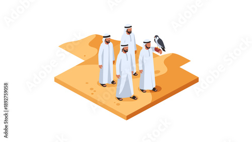 Isometric desert scene: group of men with falcon on sandy terrain