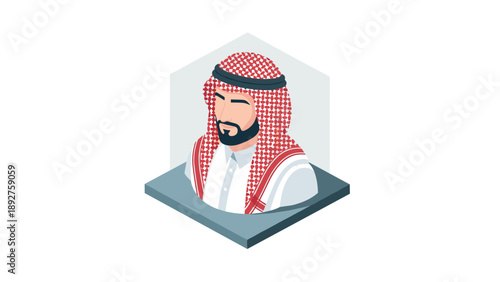 Isometric middle eastern man in traditional attire with red keffiyeh