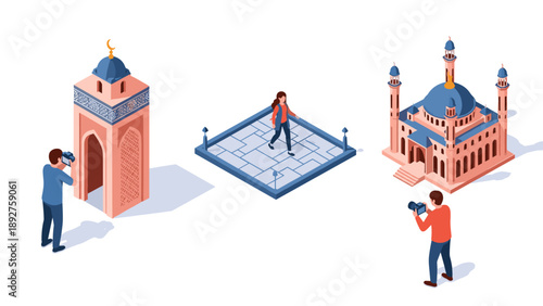 Isometric landmark photography: travelers capturing turkish architecture