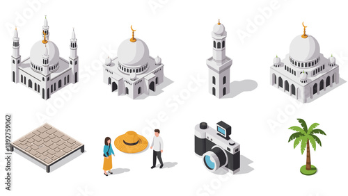 Isometric mosque collection with people and objects in white background
