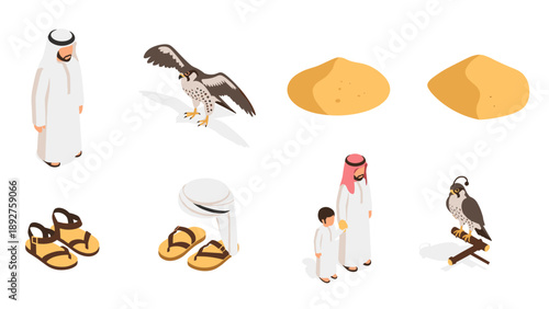 Isometric middle eastern desert culture with falcons sandals and traditional attire
