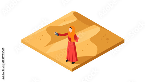 Isometric woman taking selfie in desert wearing hijab