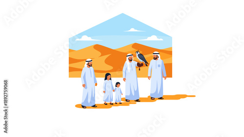 Family gathering in desert landscape with falcon and traditional attire