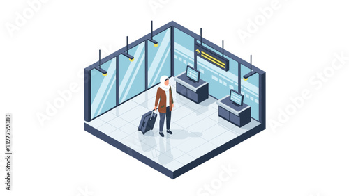 Traveler in modern airport waiting area with luggage in isometric style