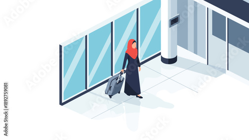 Woman in hijab with suitcase walking through airport terminal