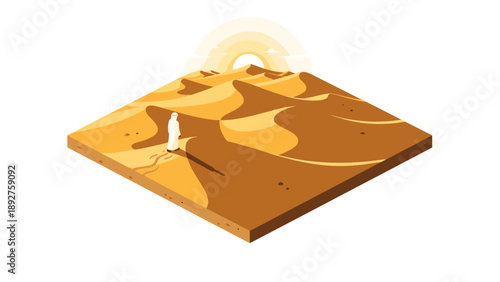Isometric desert landscape with lone traveler at sunrise