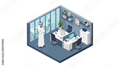Modern isometric office with arab businessman in traditional attire