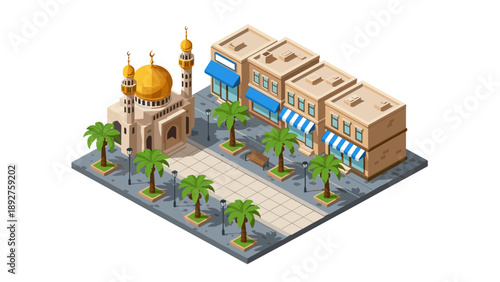 Isometric cityscape with mosque and shops in urban park setting