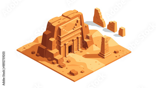 Isometric ancient desert temple with sandstone structures and obelisks