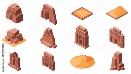 Collection of isometric desert monuments and sand structures in ancient style