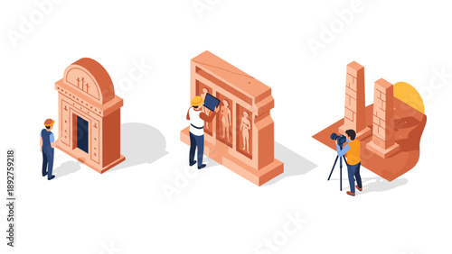 Isometric archeological exploration and architecture preservation scene