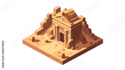 Isometric ancient tomb in desert with ruins and rocky terrain