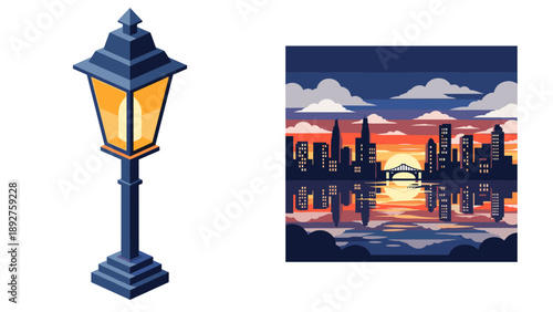 Urban nightscape with classic street lamp and city skyline at sunset reflection
