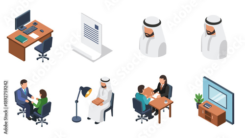 Isometric office and cultural meeting scenes with diverse professionals