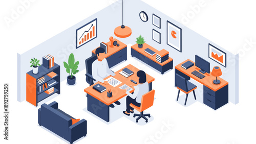 Modern isometric office scene with two professionals in discussion setup