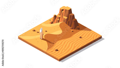 Isometric desert scene with lone figure and rocky formation