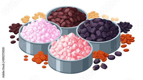 Assorted dried beans and spices in isometric bowls for culinary uses