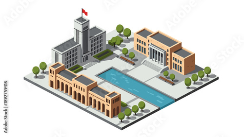 Isometric cityscape with government buildings and courtyard with trees and fountain