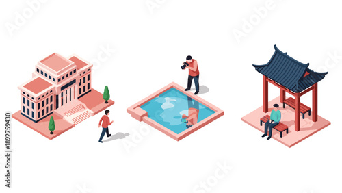 Isometric urban exploration: buildings, pools, and pagodas