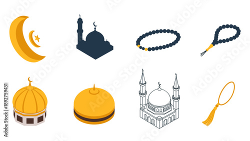 Islamic symbols and architecture collection: mosque, crescent, and tasbih set