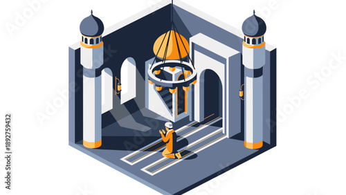 Isometric mosque interior with praying figure in modern geometric design