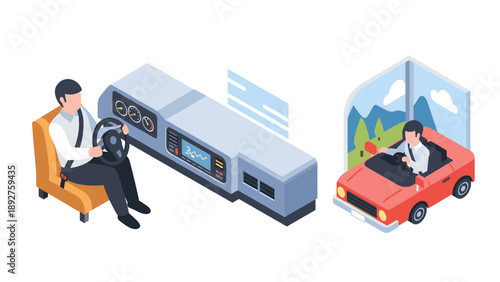 Isometric driving simulation scene with car and dashboard elements