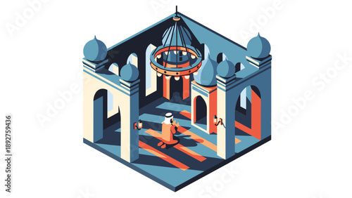 Isometric mosque interior with chandelier and arches in modern design