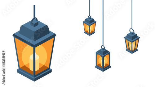 Isometric hanging lanterns with glowing candlelight on white background