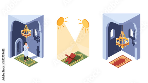 Isometric mosque interior with worshipper and sunlit prayer carpet