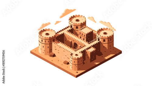 Medieval fortress with towers in isometric style surrounded by clouds