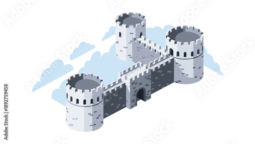 Isometric medieval castle with towers and clouds on white background