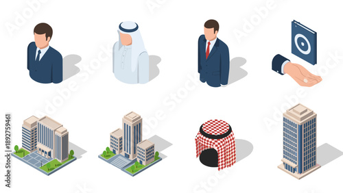 Isometric business and cultural icons: people, buildings, and accessories