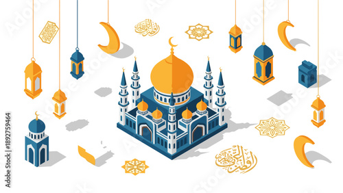 Isometric mosque and ornamental crescent decorations in arabic style