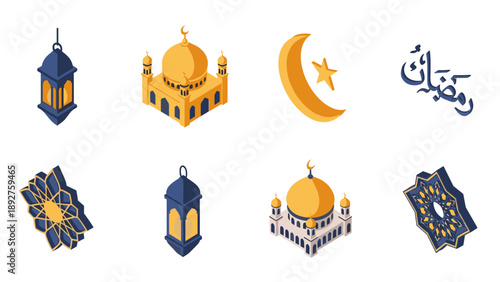 Isometric ramadan icons featuring lanterns, mosques, moon, and arabic calligraphy