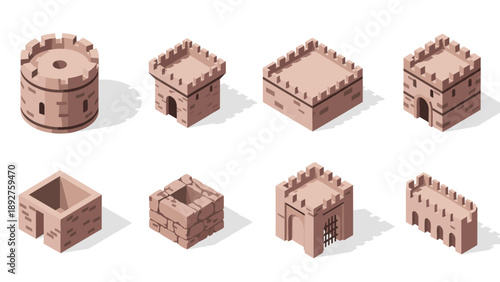 Isometric medieval castle towers and walls set