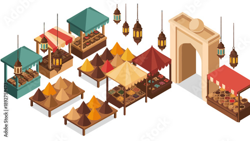 Colorful isometric middle eastern market scene with spices and lanterns
