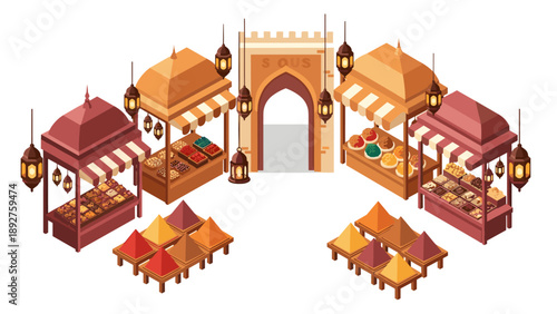 Colorful bazaar market scene with lanterns and spices in isometric style