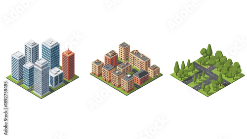 Isometric urban and suburban environments with skyscrapers and trees
