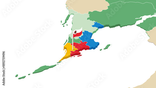 Colorful map of aleutian islands with regional flags and borders