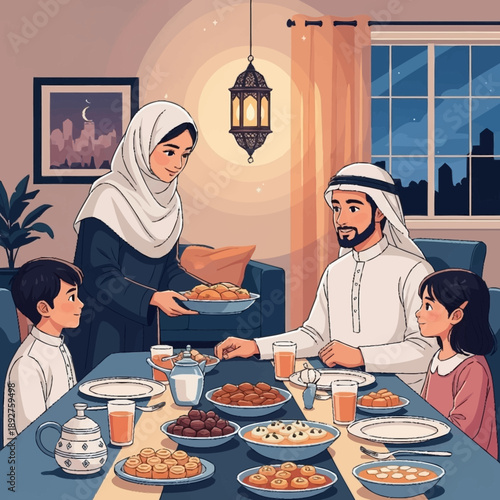 A Middle Eastern family enjoying a traditional meal together at home during the evening, with the mother serving food.
