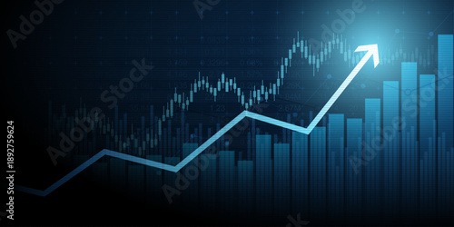 Financial chart with moving up arrow graph in stock market on blue color background
