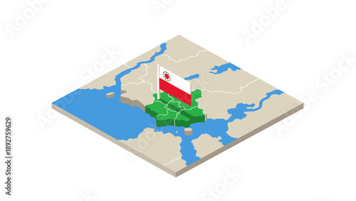 Isometric map with flag of uganda on 3d geographic background