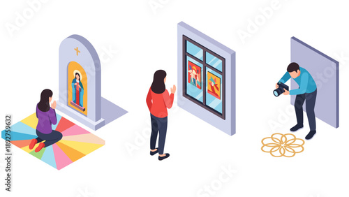 Diverse cultural perspectives: religion, art, and photography in isometric design