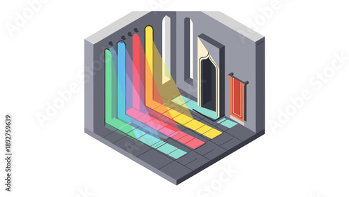 Isometric indoor scene with multicolored light beams and geometric shadows