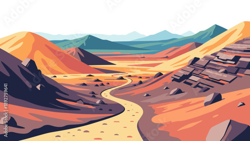 Scenic desert pathway through vibrant mountains in colorful landscape art