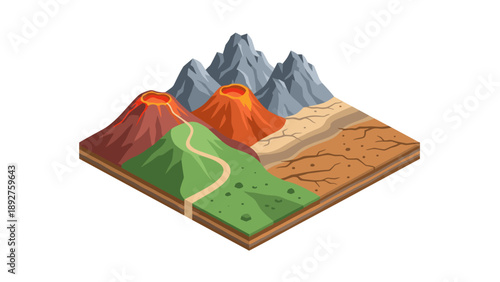 Isometric landscape with volcanoes and mountains on layered earth section