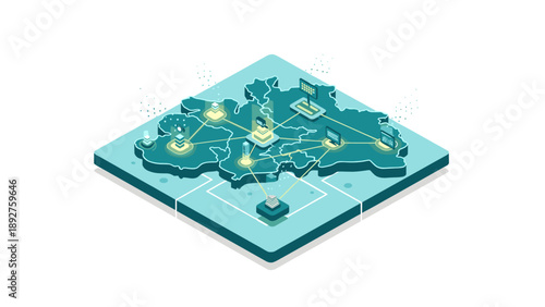 Isometric digital network map with connected nodes and data flow on a 3d platform