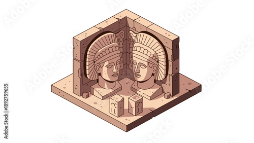 Isometric ancient stone relief with aztec warrior head statues in monument